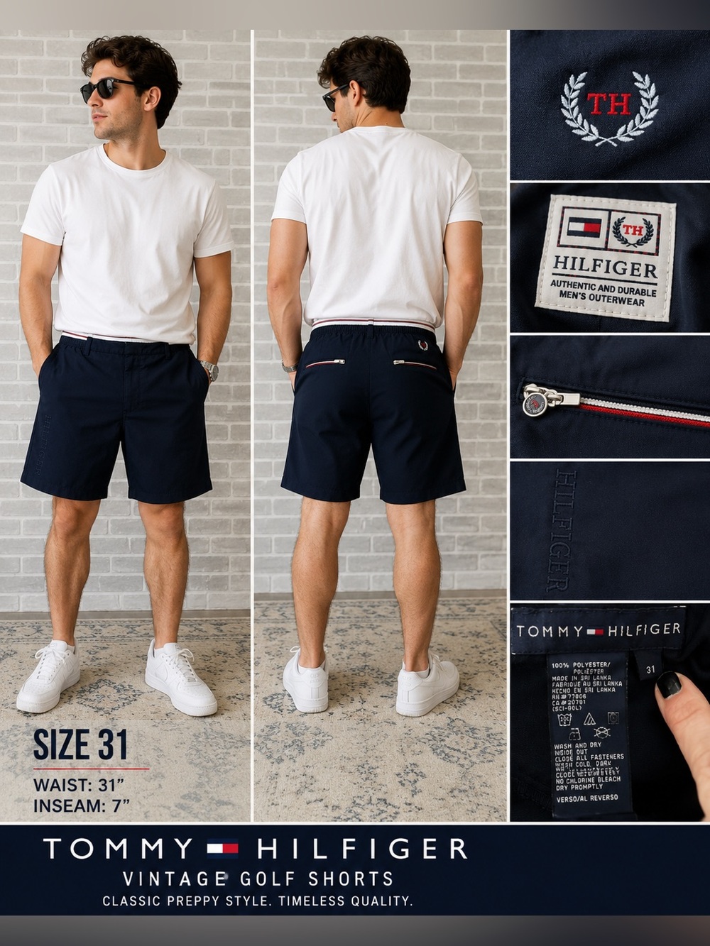 Vintage Tommy Hilfiger Golf Shorts Mens 36 Navy Crest Logo Preppy Y2K 7” Inseam